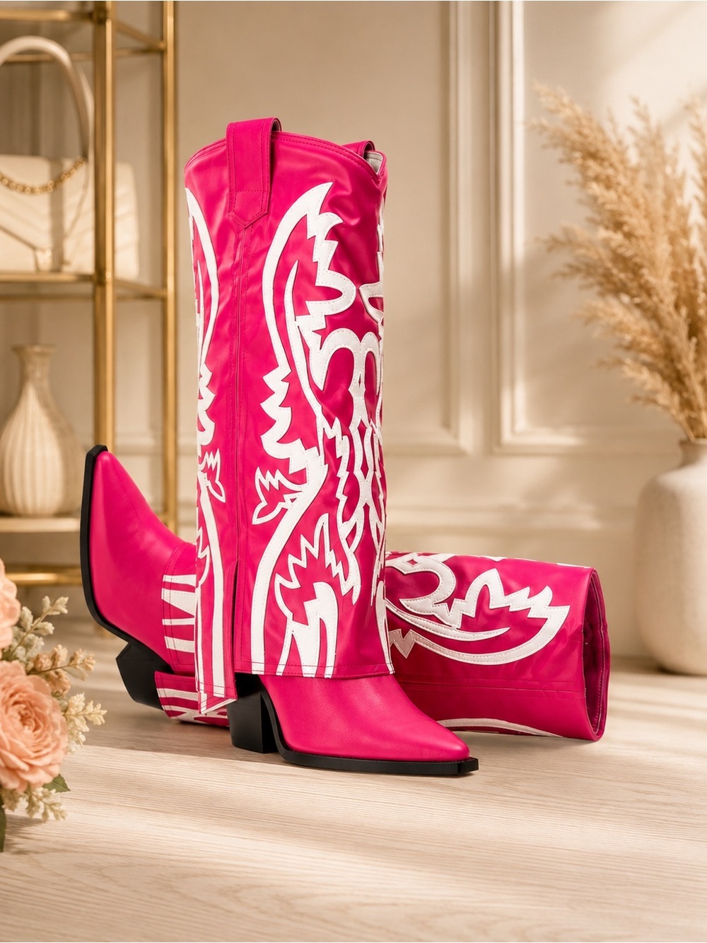 Azalea Wang Simply Pink Western Cowboy Boots Hot Pink White Size 7 NIB